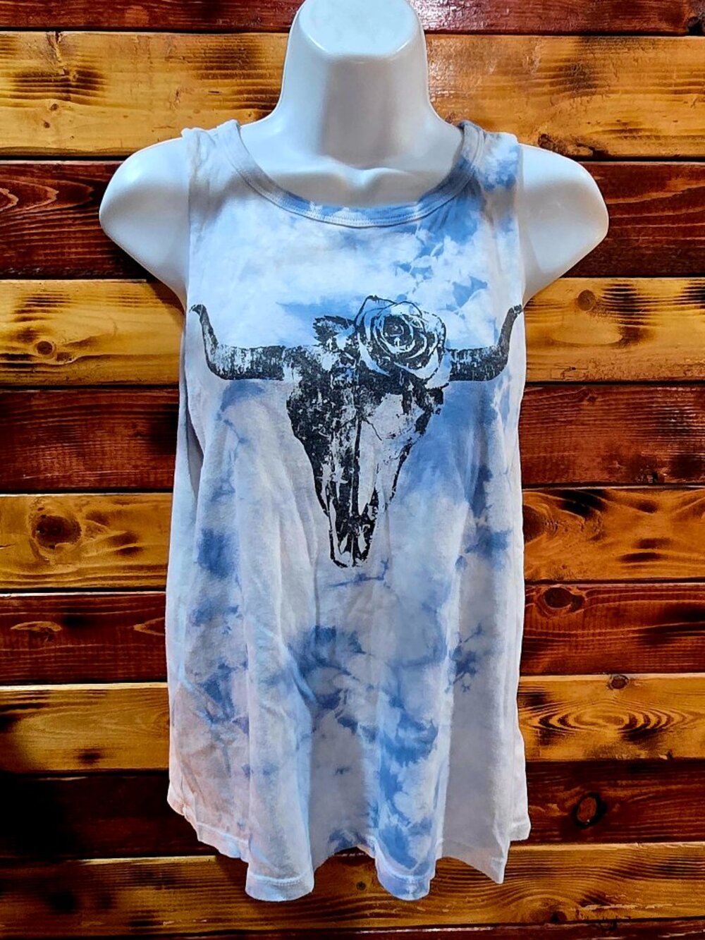 Tie Dye Steer Skull Graphic Muscle Tank Top S Blue Distressed Rose Drop Armhole